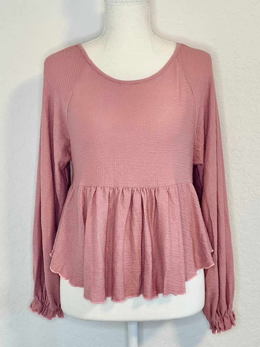 Peach Love California, Dusty Rose Long Sleeve Ruffle Babydoll Top, Size S